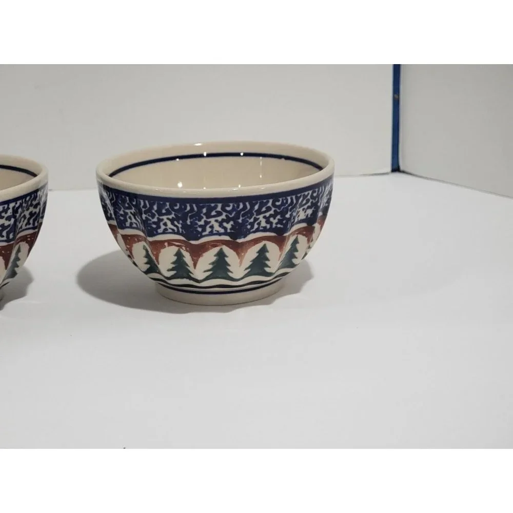2x Boleslawiec Polish Pottery Ramekin Bowl Christmas Tree‎ Stars Pine Boughs